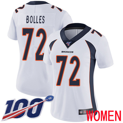 Women Denver Broncos #72 Garett Bolles White Vapor Untouchable Limited Player 100th Season Football NFL Jersey